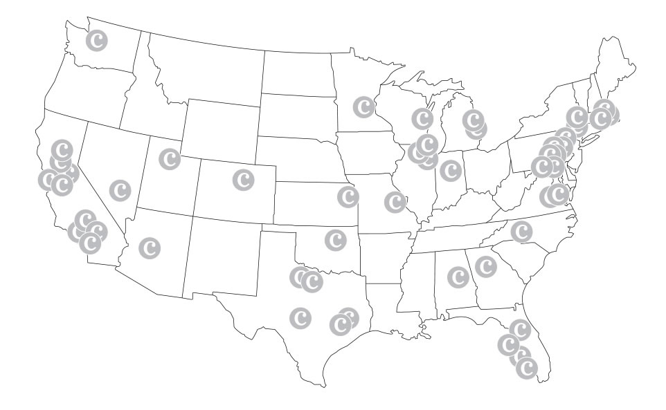 Map of Calico's national custom home design shops