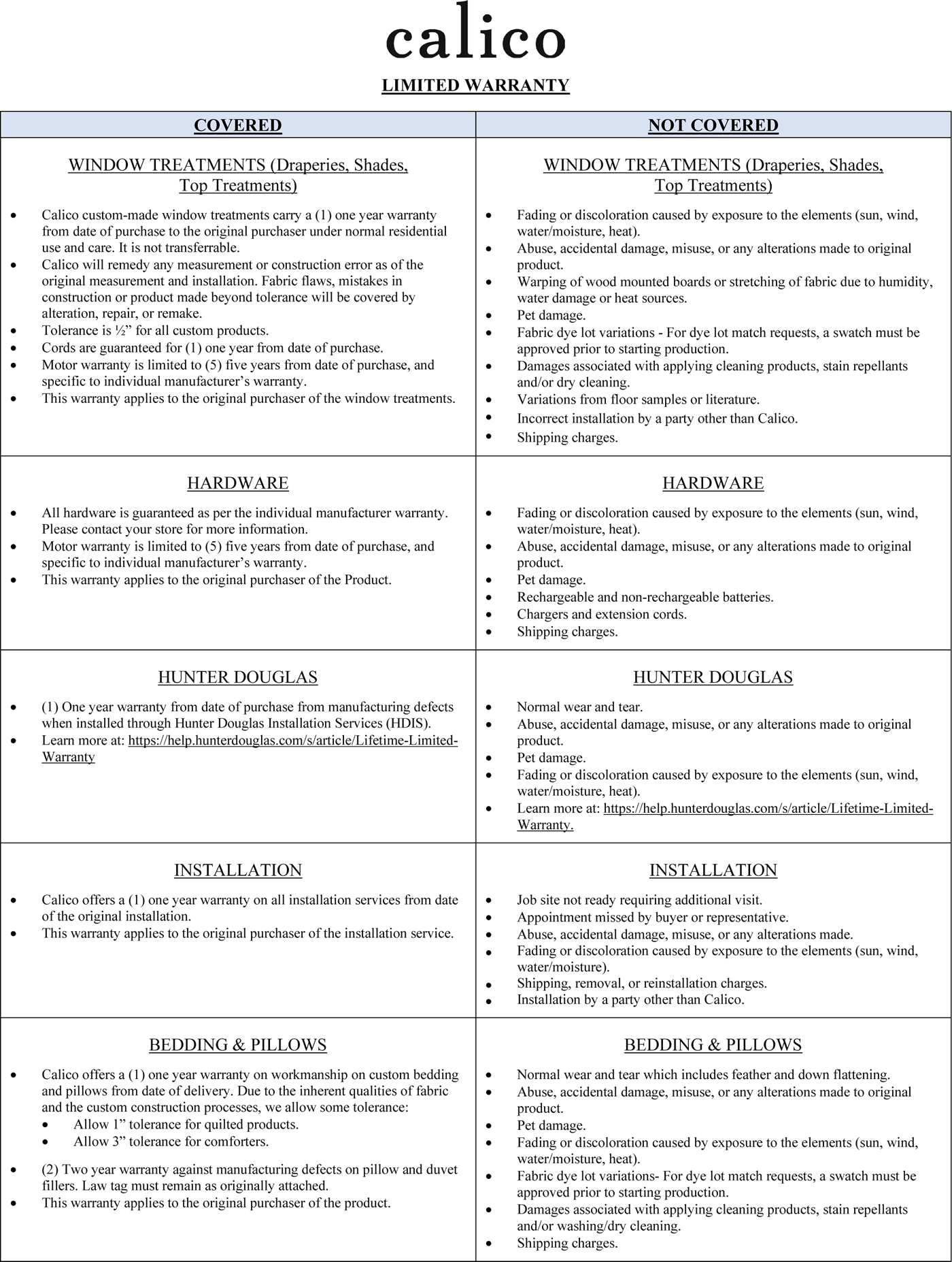 CALICO LIMITED WARRANTY