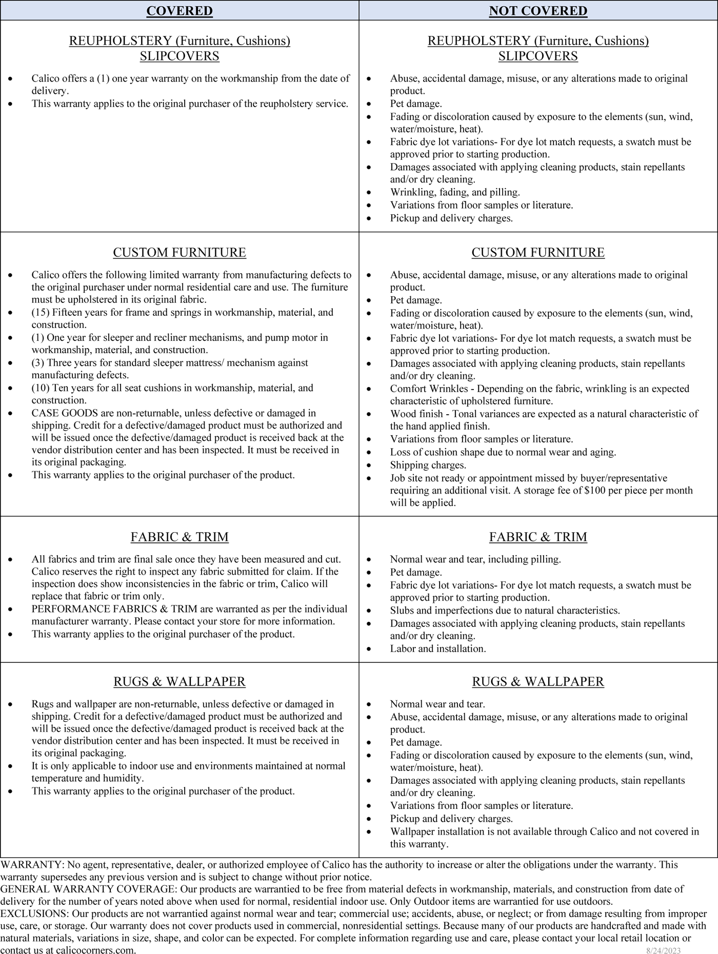 CALICO LIMITED WARRANTY